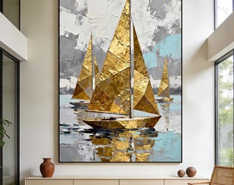 Original Segelboote Golden Segelboote Abstrakte Leinwand Wand Kunst, Moderne Impasto Malerei, Große Nautische Kunstwerk für Wohnzimmer, Schlafzimmer, Küsten Wohnkultur