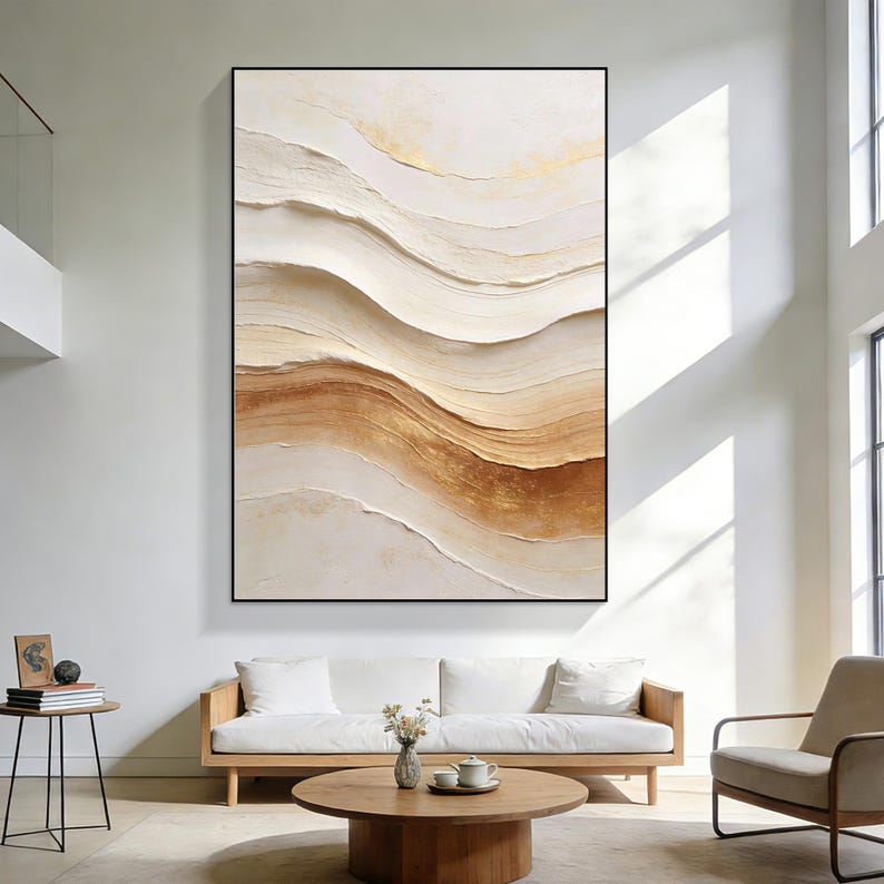 Textured Gold Flow Abstract Oil Painting, Neutral Cream Beige Canvas ...