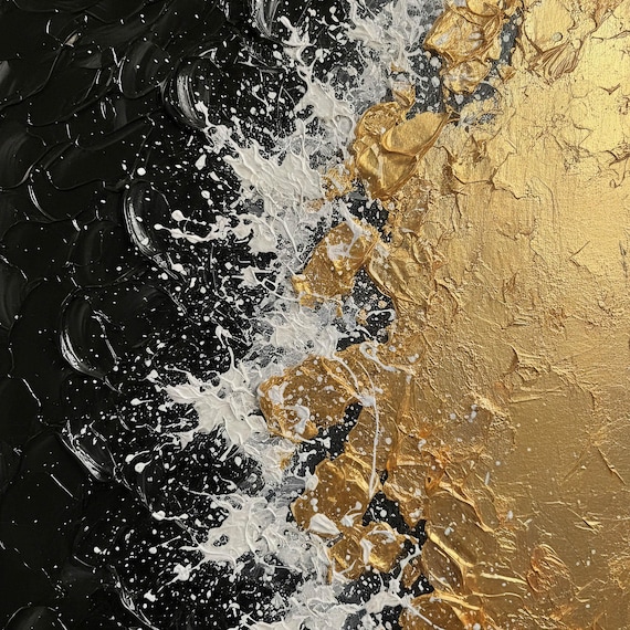 Original Black Gold Ocean Abstract Painting, Large Contemporary