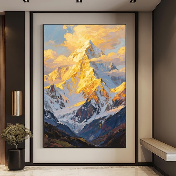 Original Golden Mountain Landscape Painting, Large Modern Wall Art