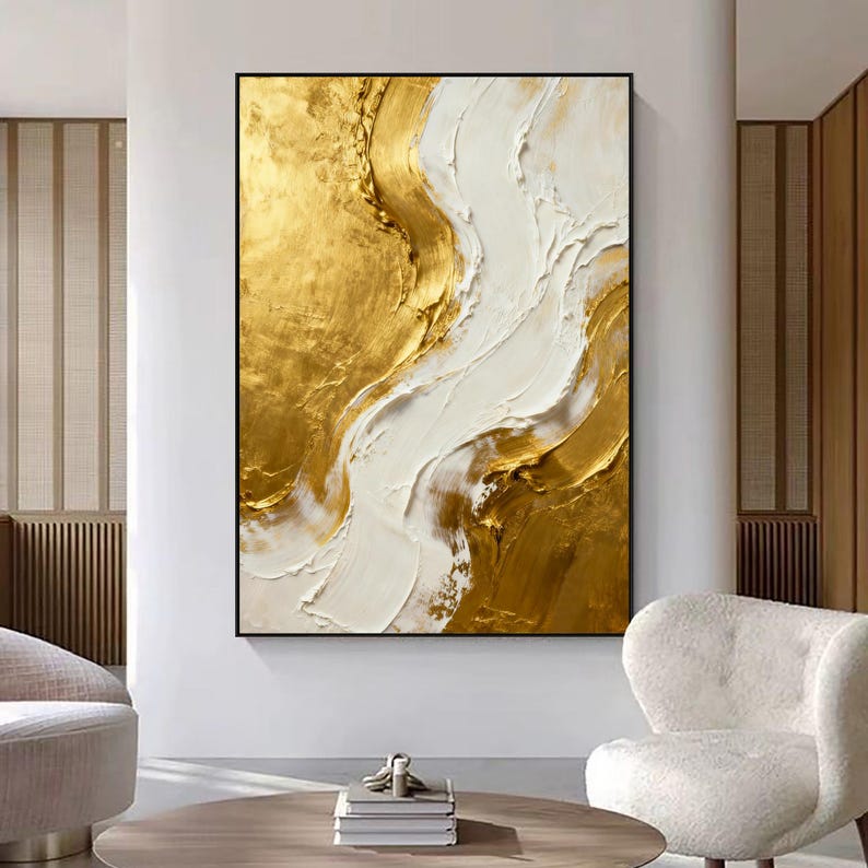 Original Modern Glam Gold White Abstract Wall Art, Textured Canvas ...