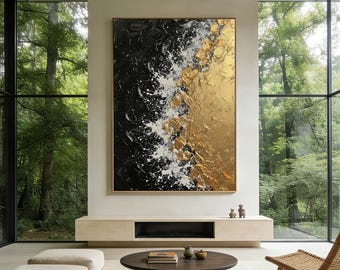 Original Black Gold Ocean Abstract Painting, Large Contemporary