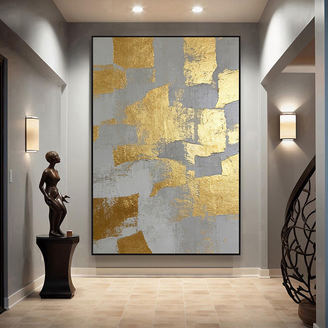 Original Contemporary Gold Leaf Wall Art, Abstract Gray Canvas Painting ...
