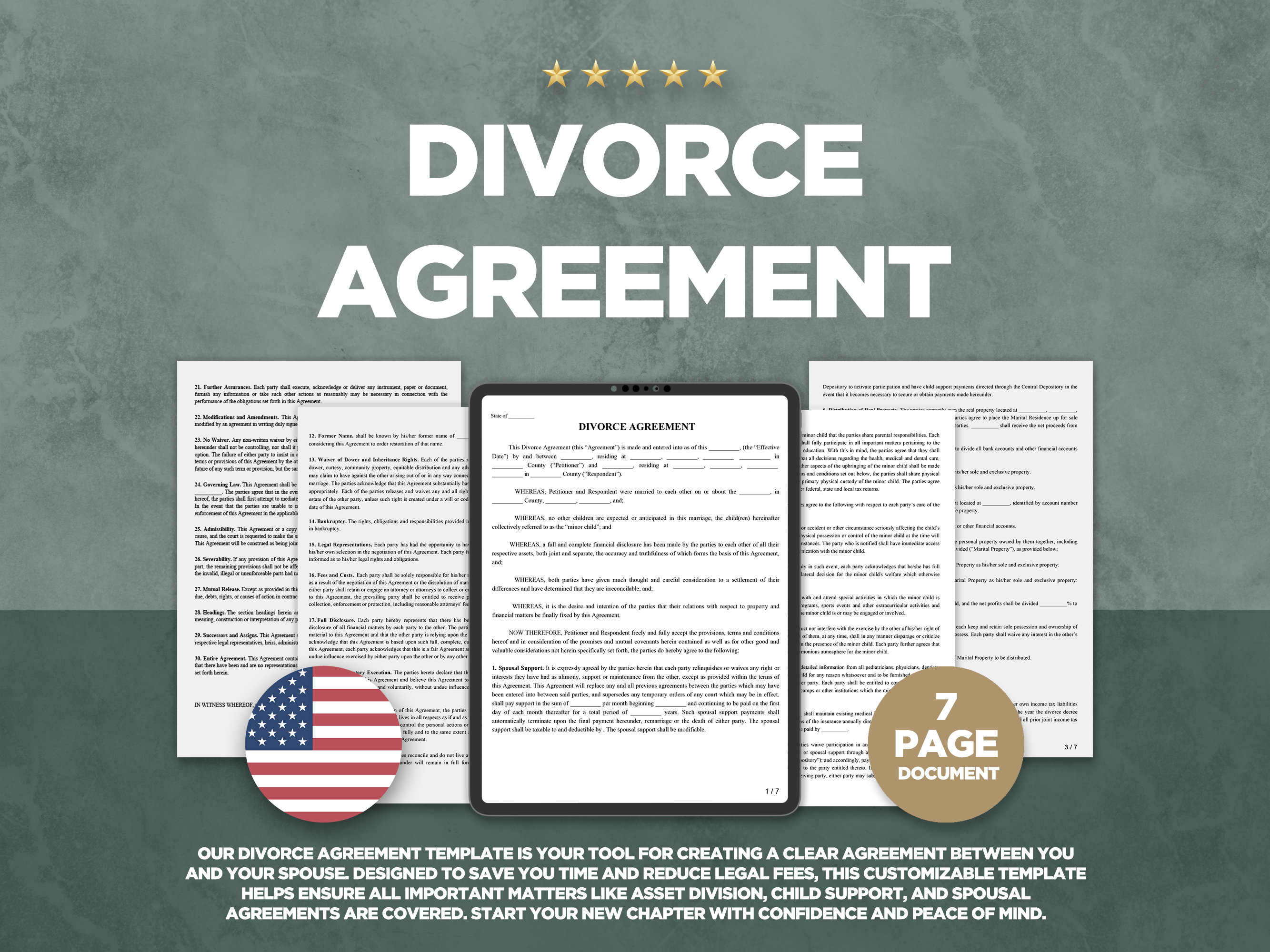 Printable Divorce Papers - Marital Settlement And Legal Separation Agreement- Decree of Divorce Form - Agreed Divorce Contract PDF Editable