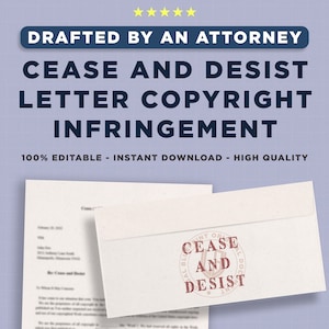 Cease and Desist Letter – Copyright Infringement PRINTABLE and EDITABLE Legal Letter Form Template Standard