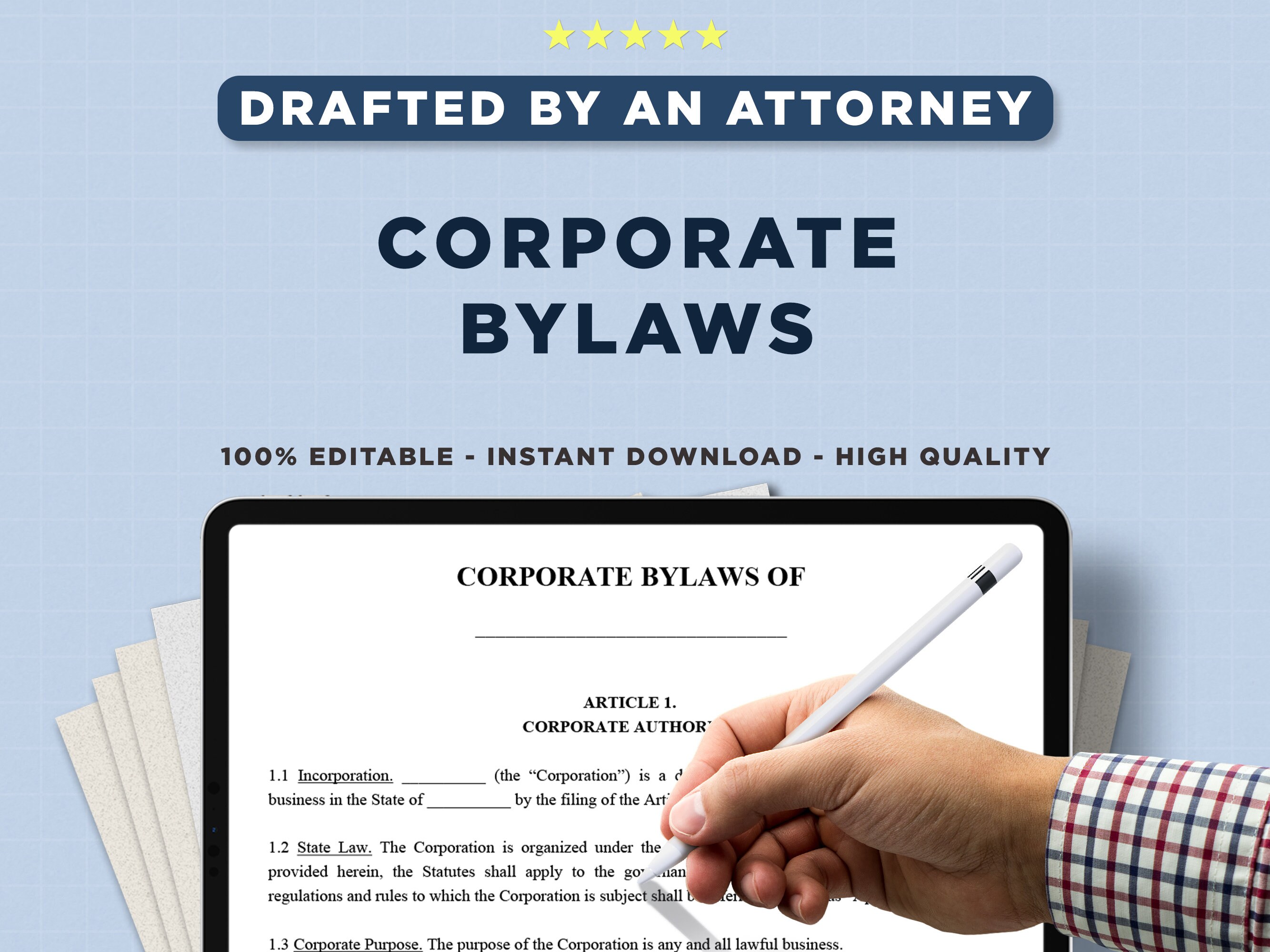 Corporate Bylaws 10 Page PRINTABLE and EDITABLE Legal Form Document