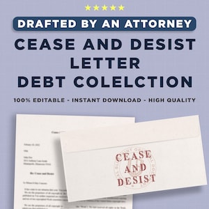 Carta de cese y desistimiento – Cobro de deudas Plantilla de formulario de carta legal IMPRIMIBLE y EDITABLE Estándar