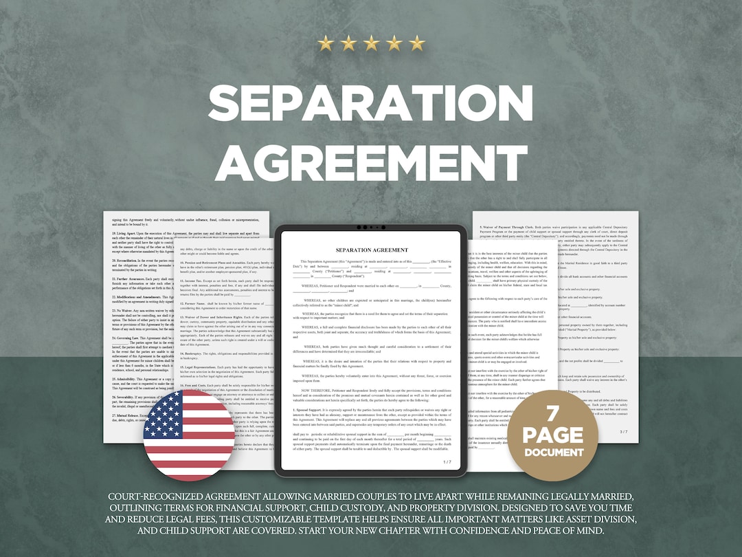 Separation Agreement + Notary Acknowledgement PRINTABLE and EDITABLE ...
