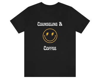 School Counselor Shirt - Counseling and Coffee Lightening Bolt Smiley School Counselor T Shirt Unisex Jersey Short Sleeve Tee
