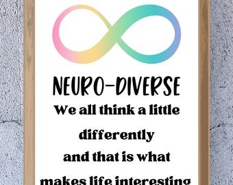 May include: A framed print with a rainbow infinity symbol and the text "NEURO-DIVERSE We all think a little differently and that is what makes life interesting."