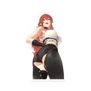 May include: A sticker featuring a stylized illustration of a person with long red hair, wearing a white top, black shorts, and black chaps. The person is looking up with an open mouth.
