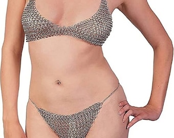 Chainmail Bikini Fancy Lingerie Set Aluminum Butted Sexy Bra and Pantie Cosplay Costume Hot Intimate Swim Wear, gift for her