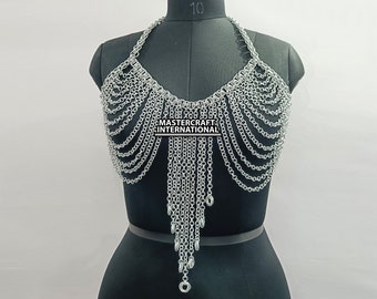 Medieval Chainmail Top Lightweight Aluminum Body Jewelery Harness Gothic Armor for Women's Renaissance Festival Outfit