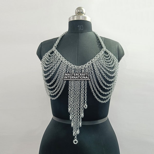Chainmail Bra, Chains Layers Halter Bra Or Bikini Top, Metal Aluminum Chainmaille Harness, Body Jewelry, Ren Faire Costume, gift for her