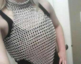 Chainmail Top Halter Neck Aluminum Butted Ring Light Weight Medieval Top Fringed Costume, Ren Faire, Halloween Gift