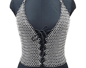 Aluminum Butted Chainmail Top Open Front Lace Medieval Halter Top Cosplay Armor for Larp Festival Outfit, Halloween Gift