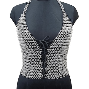 Aluminum Butted Chainmail Top Open Front Lace Medieval Halter Bra Top Cosplay for Larp, Festival Outfit, Halloween Gift