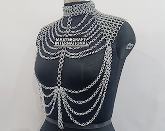 Chainmail Shoulder Jewelry Aluminum Medieval Halter Top, Rave outfit, Festival Gift, Collared Neck Front Fringed Top, Ren faire Costume