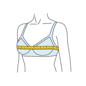 May include: A light blue bra illustrated with thin black outlines, featuring a yellow measuring tape wrapped horizontally across the cups to indicate the band measurement. The drawing shows the upper torso and shoulder area in a simple style.