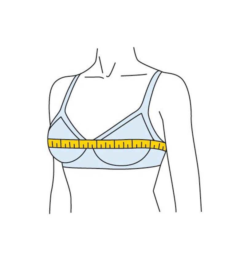 May include: A light blue bra illustrated with thin black outlines, featuring a yellow measuring tape wrapped horizontally across the cups to indicate the band measurement. The drawing shows the upper torso and shoulder area in a simple style.