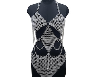 Aluminum Chainmail Top and Skirt Set Medieval Festival Outfit Renaissance Faire Costume for Cosplay