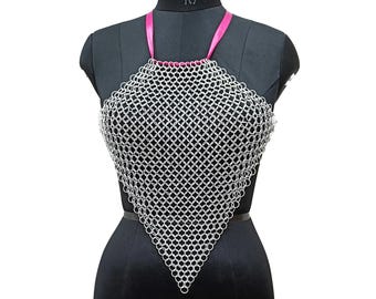 Pink Ribbon Aluminum Chainmail Halter Top Handmade Metal Mesh Festival Wear for Women LARP & Cosplay