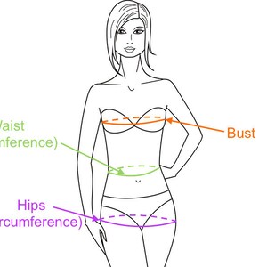 May include: A black and white line drawing of a human figure showing body measurements. The diagram features orange, green, and purple arrows pointing to the bust, waist circumference, and hip circumference with corresponding text labels.