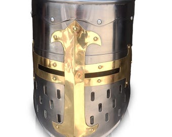 Middeleeuwse Tempeliershelm Knight Wearable Crusader Armor met messing kruis zacht staal handgemaakt LARP re-enactment kostuum volwassen collectible cadeau