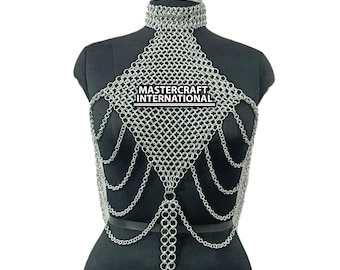 Middeleeuwse maliënkolder halster top aluminium butted ring rave festival outfit zilveren sieraden renaissance fair kostuum voor dames