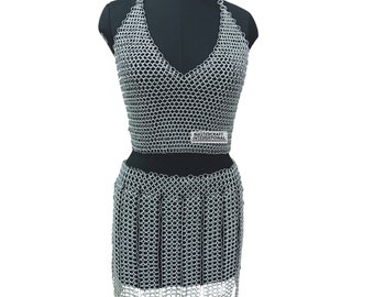 Handmade Medieval Aluminum Chainmail Top and Skirt Set: Anodized Finish, Fringed Belt Costume