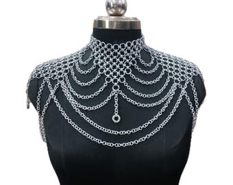 Aluminium maliënkolder schouderpantser lichtgewicht nekkraag butted ringen middeleeuwse cosplay LARP festivalkostuum voor rave-outfit voor dames