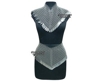 Middeleeuws aluminium maliënkolder Scalemail-harnas Kraag en rok Handgemaakte Ren Faire-kostuum Fantasy Cosplay Halloween-cadeau