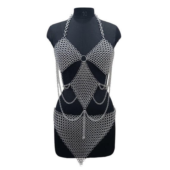 Aluminum Chainmail Top and Skirt Set Medieval Festival Outfit Renaissance Faire Costume Fantasy Armor Bikini LARP Cosplay, Gift for Her