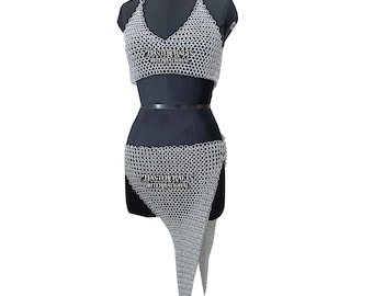 Aluminium Chainmail Top and Skirt Set Medieval Bikini for Women Halloween Cosplay Fantasy Costume