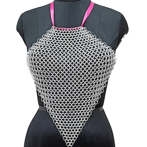 Medieval Aluminum Butted Chainmail Top Pink Ribbon Design Rave Outfit Handmade Halter Top Cosplay for Larp, Halloween Gift
