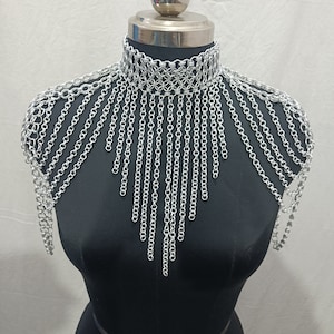 Handmade Aluminum Chainmail Collar Fringed Shoulder Jewelry and Layered Neck Piece for Ren Faire Costumes, Halloween Gifts