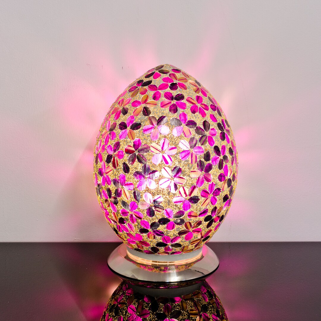 Magenta Flower Mosaic Tile Glass Egg Table Lamp Bedside Mood Lamp Home