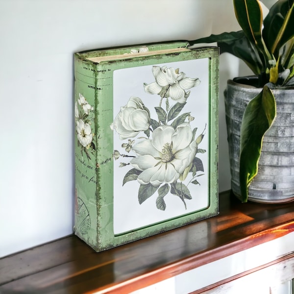 Mirrored White Flower Storage Book Box - Decorative False Book Valuable Jewellery Hideaway Storage Ornament Book Box