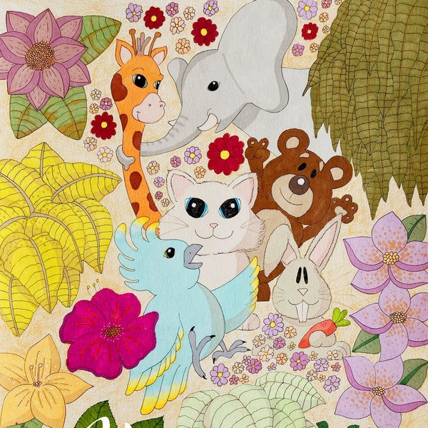 Poster • illustration•  cute •  animals • happiness • affiche • decoration • handmade • gravure • children • happy