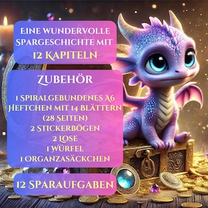 B-WARE A6 Spiralgebundenes Sparheft "Die Reise des kleinen Funkeldrachens", 12 Kapitel, 12 Challenges, Lose, Rubbeln, Sticker, Sparen