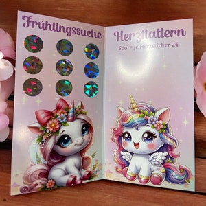 A6 Frühlingeinhorn-Klappkarte / Sparspiel / Würfelchallenge / Rubbelloschallenge / Stickerchallenge / Goldenes Los