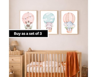 Aquarell Safari Tiere Heißluftballons - Kinderzimmer Dekor in Blau & Pink. Aquarell, geschlechtsneutrales Schlafzimmer Kinderzimmer