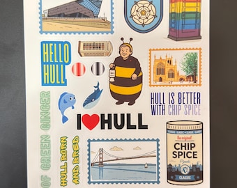 Hull Chip Gewürzaufkleber-Sammlung | Yorkshire Biene, Telefonzelle, Wahrzeichen