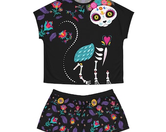 Sugar Skull Cat Women's Short Pajama Set