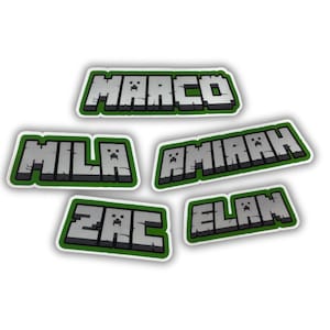 May include: Five Minecraft-themed name stickers with green borders and silver lettering. The names are Marco, Mila, Amirah, Zac, and Elan.