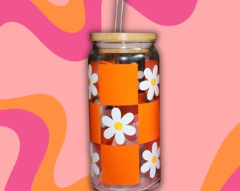 Daisy Cup | Orange Checkers Beer Can Glass with Bamboo Lid and Glass Straw