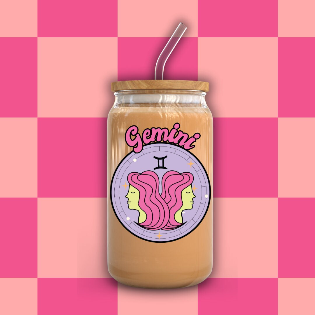 Gemini Astrology Zodiac Sign Beer Can Glass Cup With Bamboo Lid and