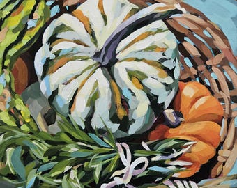 May include: An acrylic painting of a still life arrangement featuring a large white and green striped gourd, an orange pumpkin, and green foliage. The gourds are nestled in a woven basket, with a blue background.