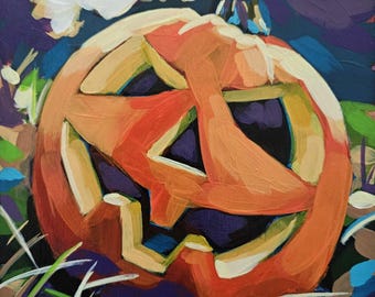 Halloween pumpkin art print, jack o lantern painting, original artwork, giclee print, spooky season wall art, summerween decor, unique gift