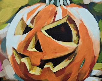 Halloween pumpkin art print, jack o lantern painting, original artwork, giclee print, spooky season wall art, summerween decor, unique gift